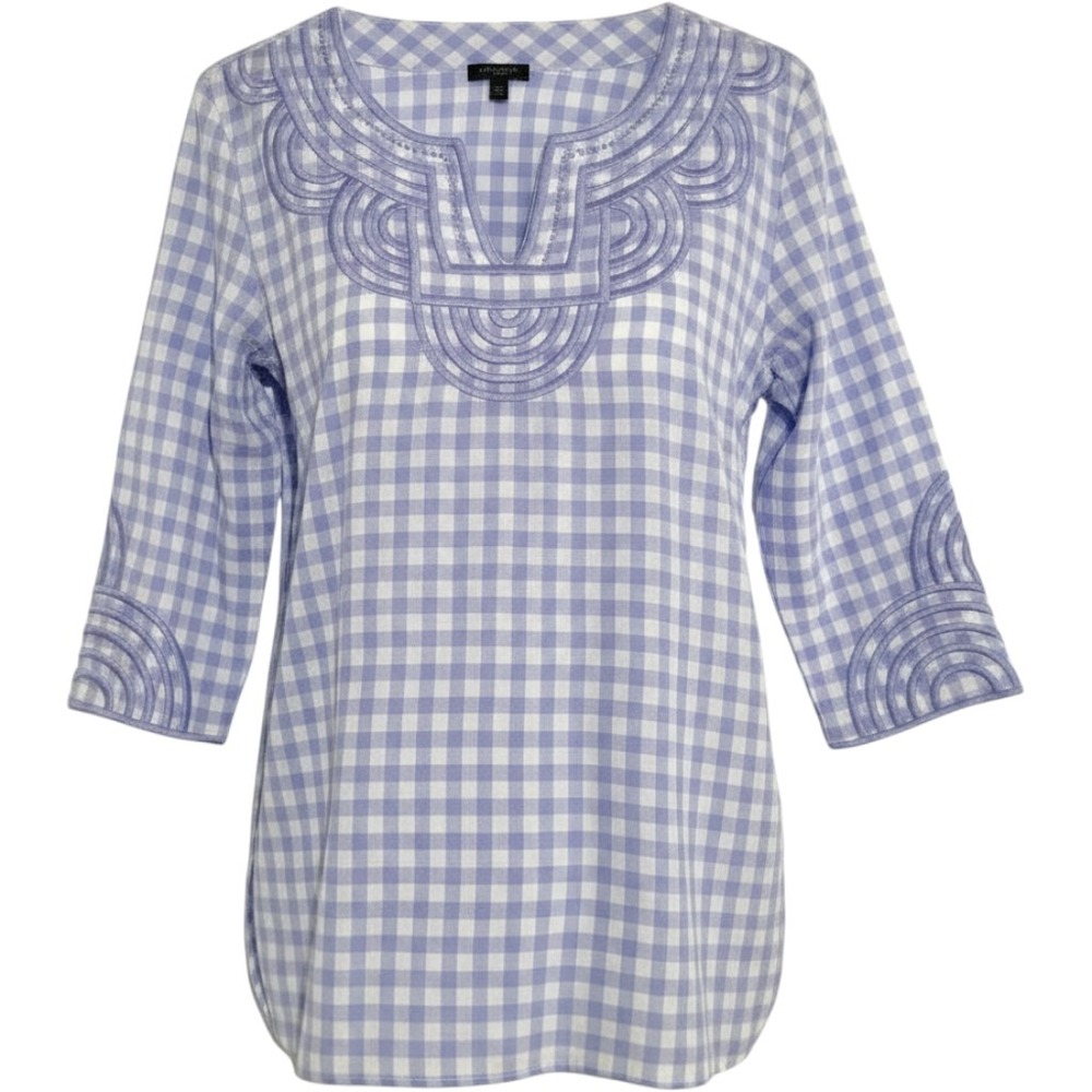 Talbots Petite Blue Gingham Cotton Soutache Split Neck Tunic Top Large P
